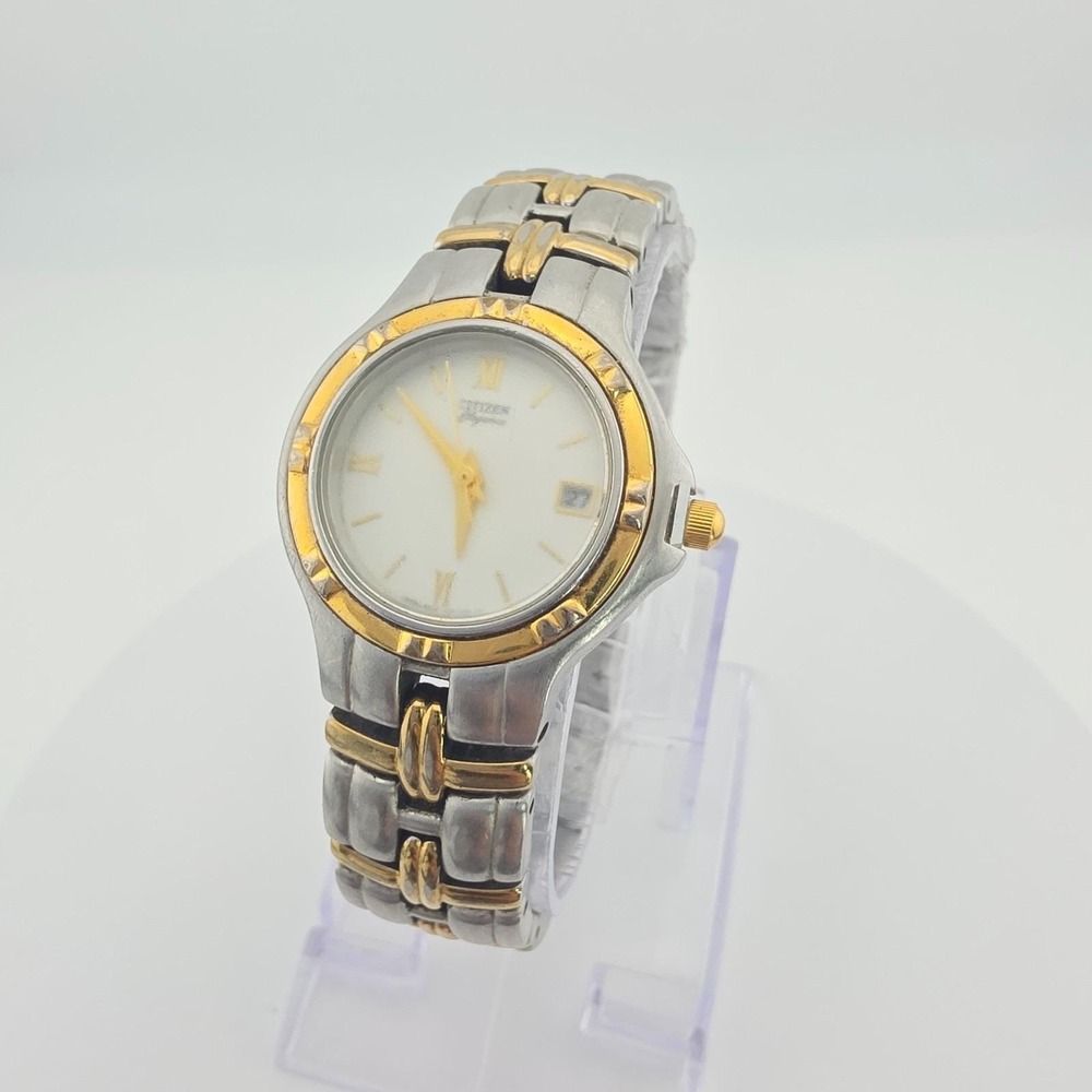 Vtg CITIZEN "Elegance' Ladies Watch Frosted Crystal T Bar Link Gold Plate 6.5"